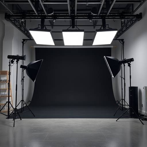 Professional black box studio with adjustable lighting equipment and ample space.