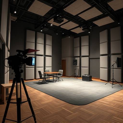 Professional sound stage with acoustic treatment, suitable for video production.